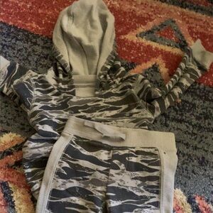 Gray and Black Camouflage Hoodie and Pants Set